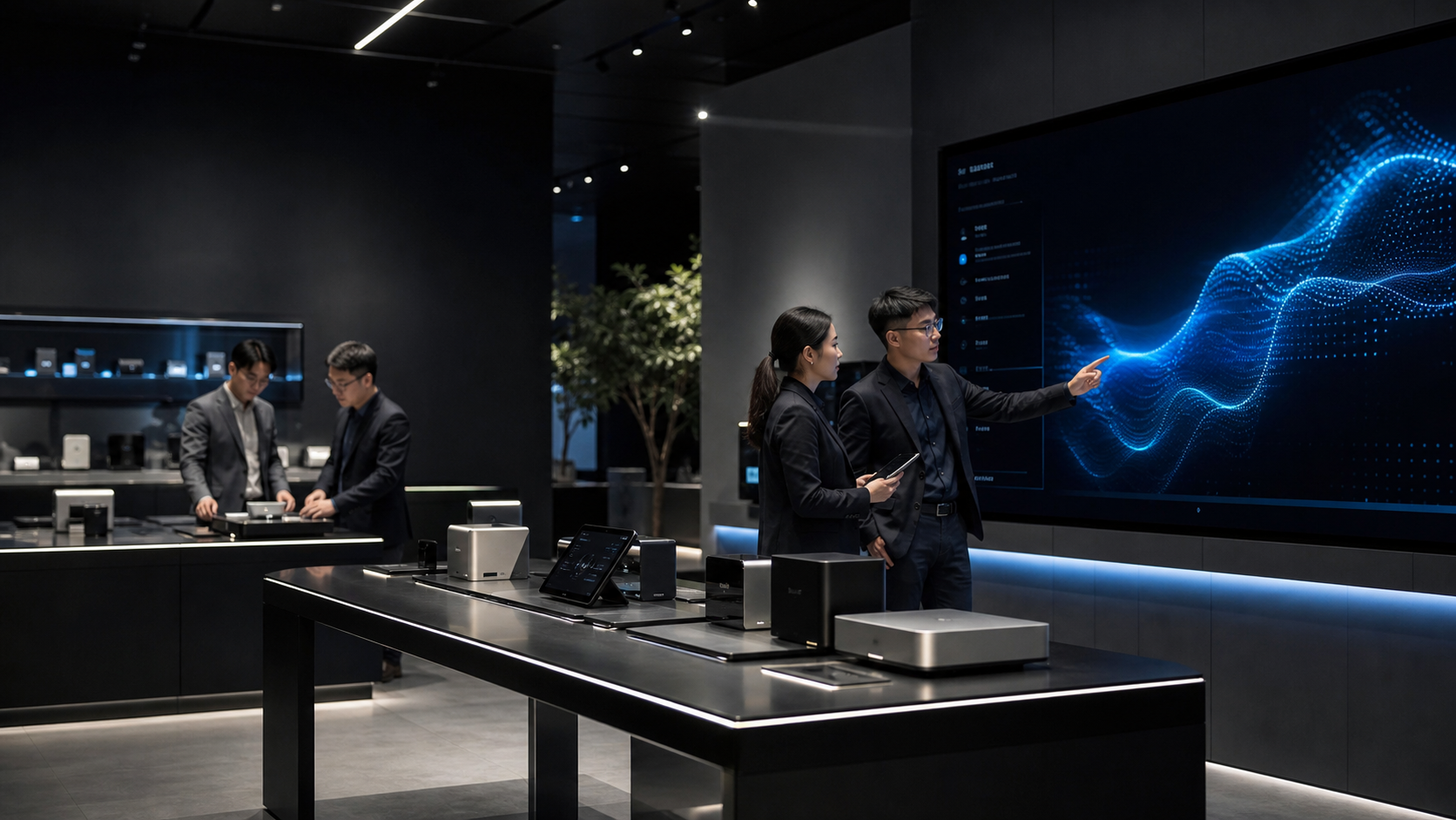量迹AI Agent 硬件展示台、打印机、平板和智能设备